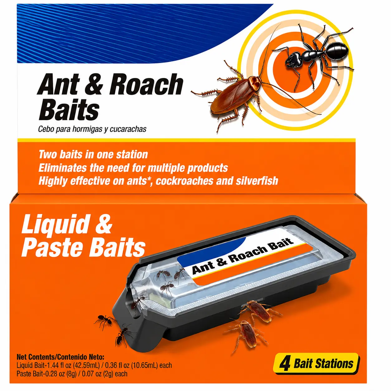 Dual Action Ant and Roach Bait Stations - 4-Pack Multi-Function Compact Pre-Filled Ready-to-Use Bug Trap with Storage, Ant Indoor Insect Control, Insect Prevention for Household, Targets Silverfish, Pest Control Solutions