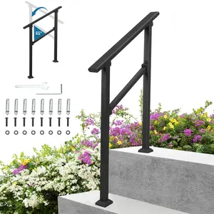 【GARVEE】2 Step Outdoor Stair Railing Handrail, Aluminium Handrail for 1 to 2 Steps, Porch Stairs Hand Rail Railings Kit Wrought Mattle Iron Exterior Hand Rails for Concrete Steps, Porch Steps, Black