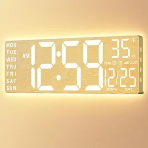 EASYERA 16.5" Large Wood Grain Digital Wall Clock with Remote Control RGB Atmosphere Lights 11 Scenes Dual Alarms LED Display for Livingroom Classroom, Office, Game, Craft Room, Game-Changer for Seniors & Elderly, Grey & Kids.