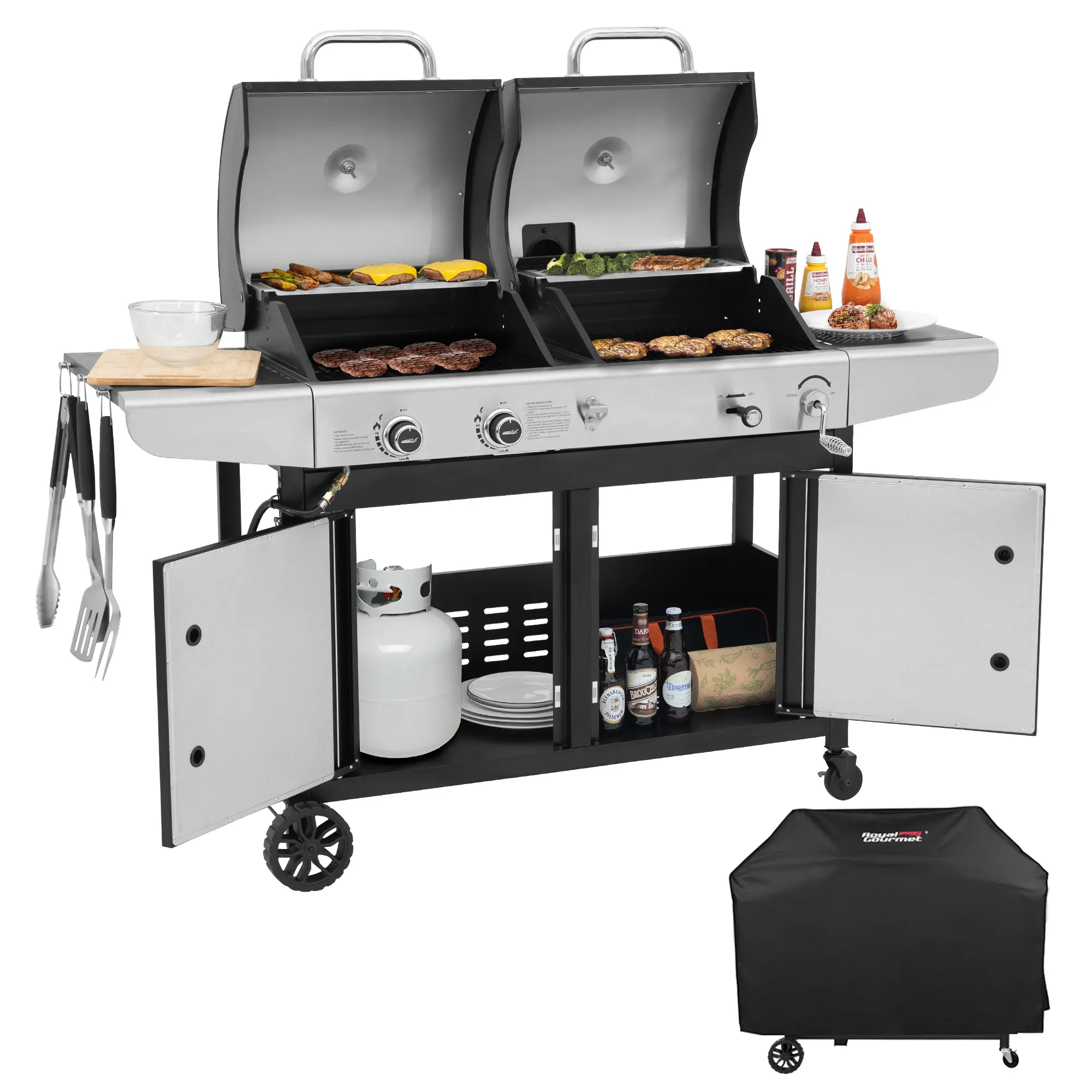Royal Gourmet  2-Burner Gas and Charcoal Combo Grill with Cover, 20,000 BTU Cabinet Style Dual Fuel Grill, Grill with Two Side Shelves, for Outdoor Patio Garden Picnic Backyard Cooking, Black