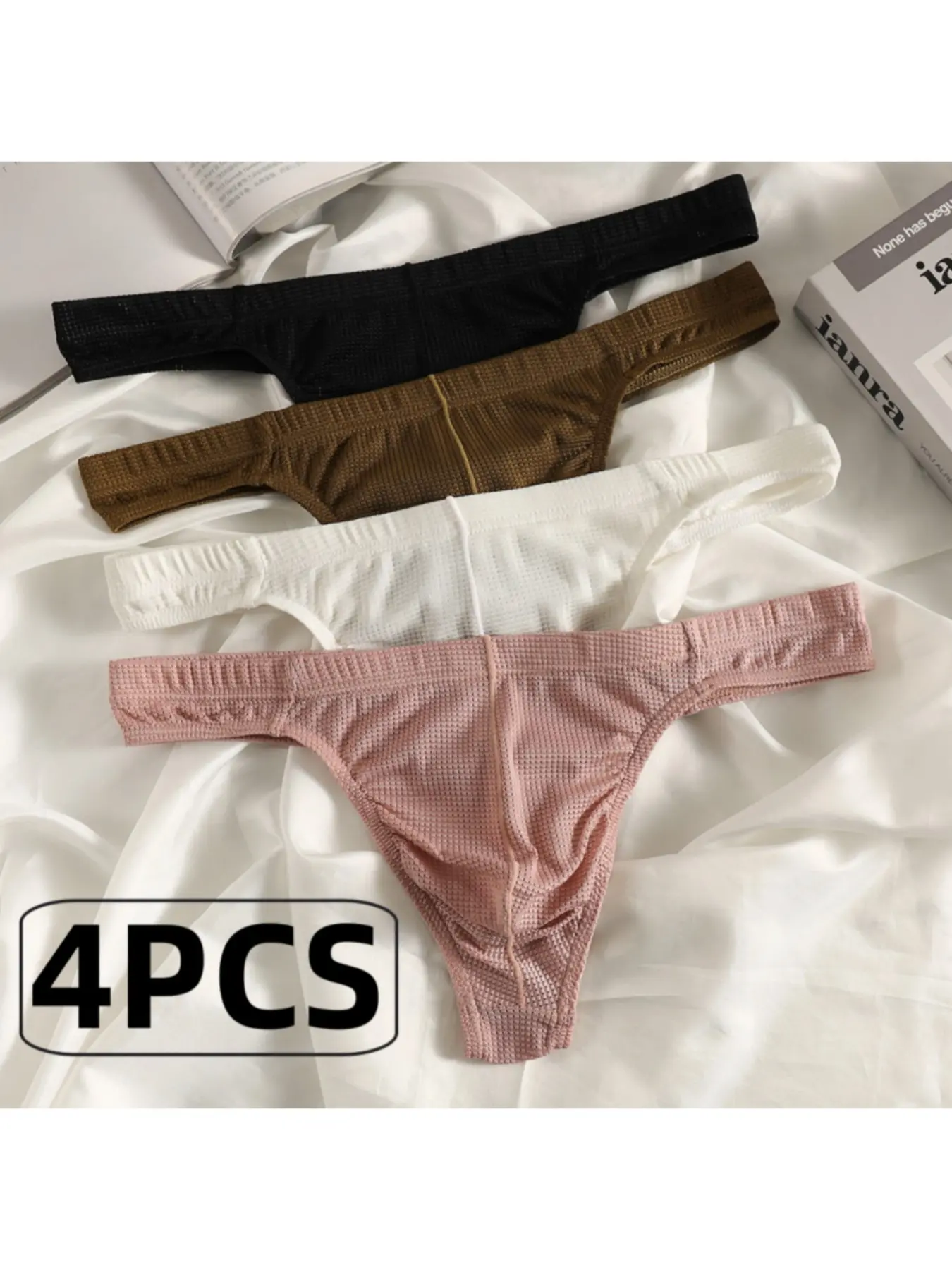 4-Pack Men's Sexy Low-Rise Low Waist Plain See-Through Mesh Thong Underwear, Breathable & Slim Fit for Daily, Office, Casual - Solid Color Men's Underpants
