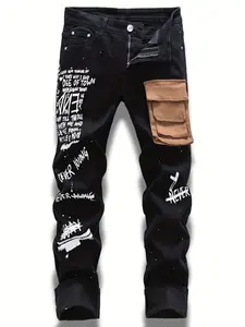 Y2K Hip Hop Cargo Jeans - Black Denim with Brown Pocket & Graffiti Print