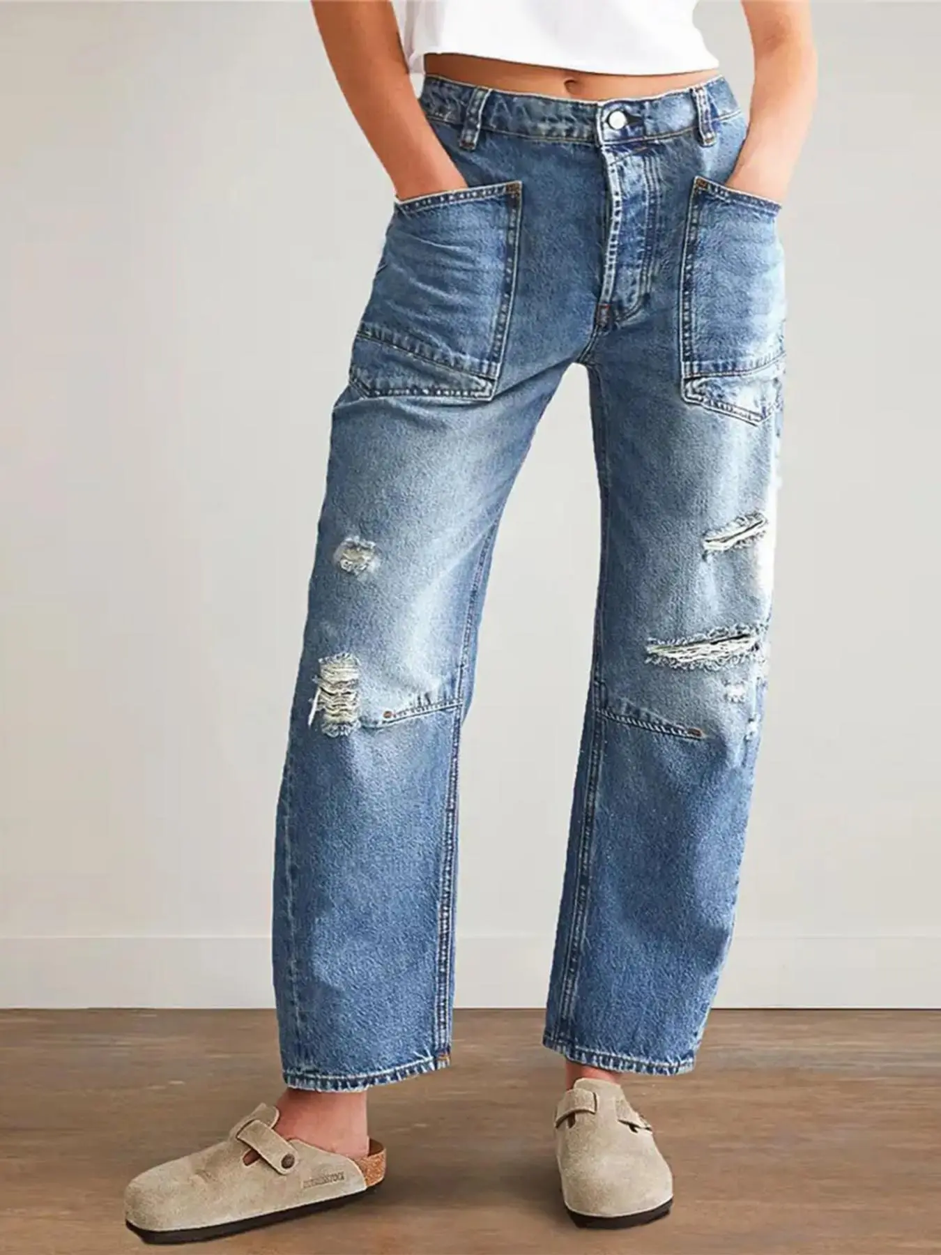 Women's Ripped Pocket Straight Leg Jeans, Fashion Casual Streetwear Fitted Denim Pants for Daily Everyday Outdoor Wear, Ladies Bottoms for All Seasons, Ripped Trouser, Pockets Jeans
