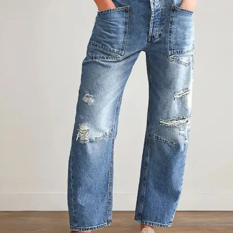 Women's Ripped Pocket Straight Leg Jeans, Fashion Casual Streetwear Fitted Denim Pants for Daily Everyday Outdoor Wear, Ladies Bottoms for All Seasons, Ripped Trouser, Pockets Jeans