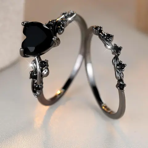 Punk Gothic Style Leaf Design Ring, Dark Aesthetic Beautiful Rings, Vintage Inspired Ring, with Heart Shaped Rhinestone Decor Ring, 2 Counts Vintage Ring Set for Women, Casual Jewelry for Party, Daily Clothing Decor, Vintage Rings Jewelry