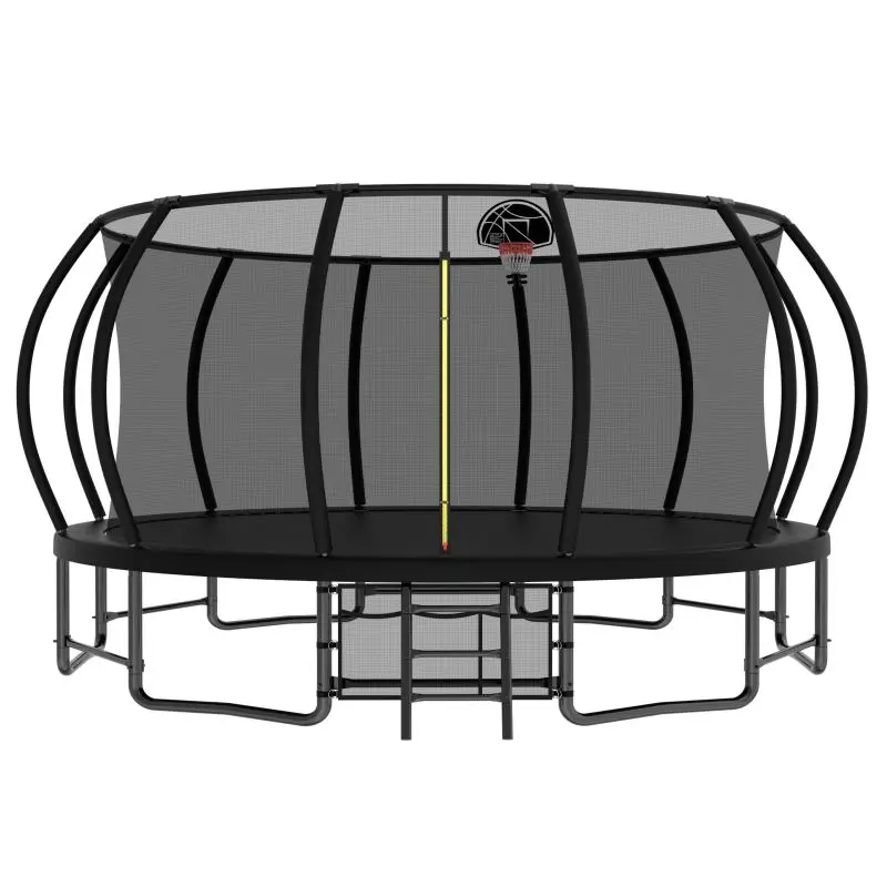 16FT Trampoline for Kids and Adults,Outdoor Pumpkin Trampolines with Curved Poles,Heavy Duty Trampoline with Ladder and Basketball Hoop,Black, Recreational Trampoline, Safety Net, Steel Frame
