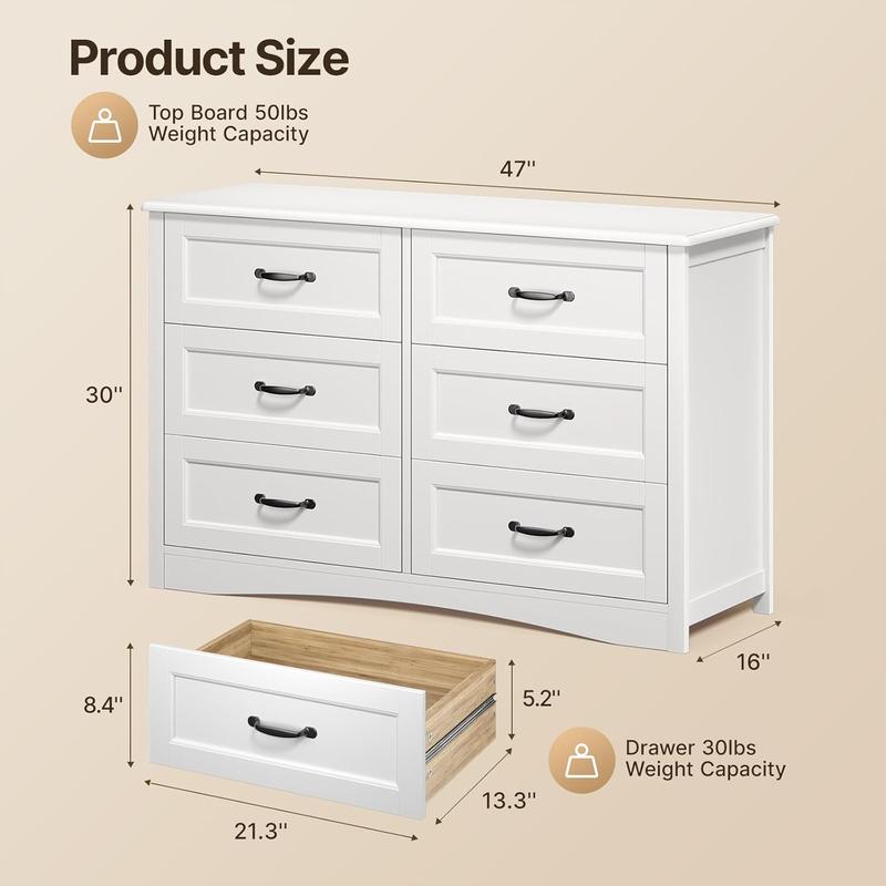 Gizoon 6 Drawer Dresser,Dresser for Bedroom with Mental Handle, White Dresser for Cloakroom, Hallway, Entryway Cupboard Apartment Furniture Organize Organizing