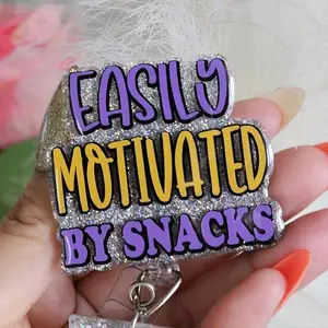 Easily Motivated by Snacks Badge Reel with Takis Design and Glitter Finish for Fun Accessory