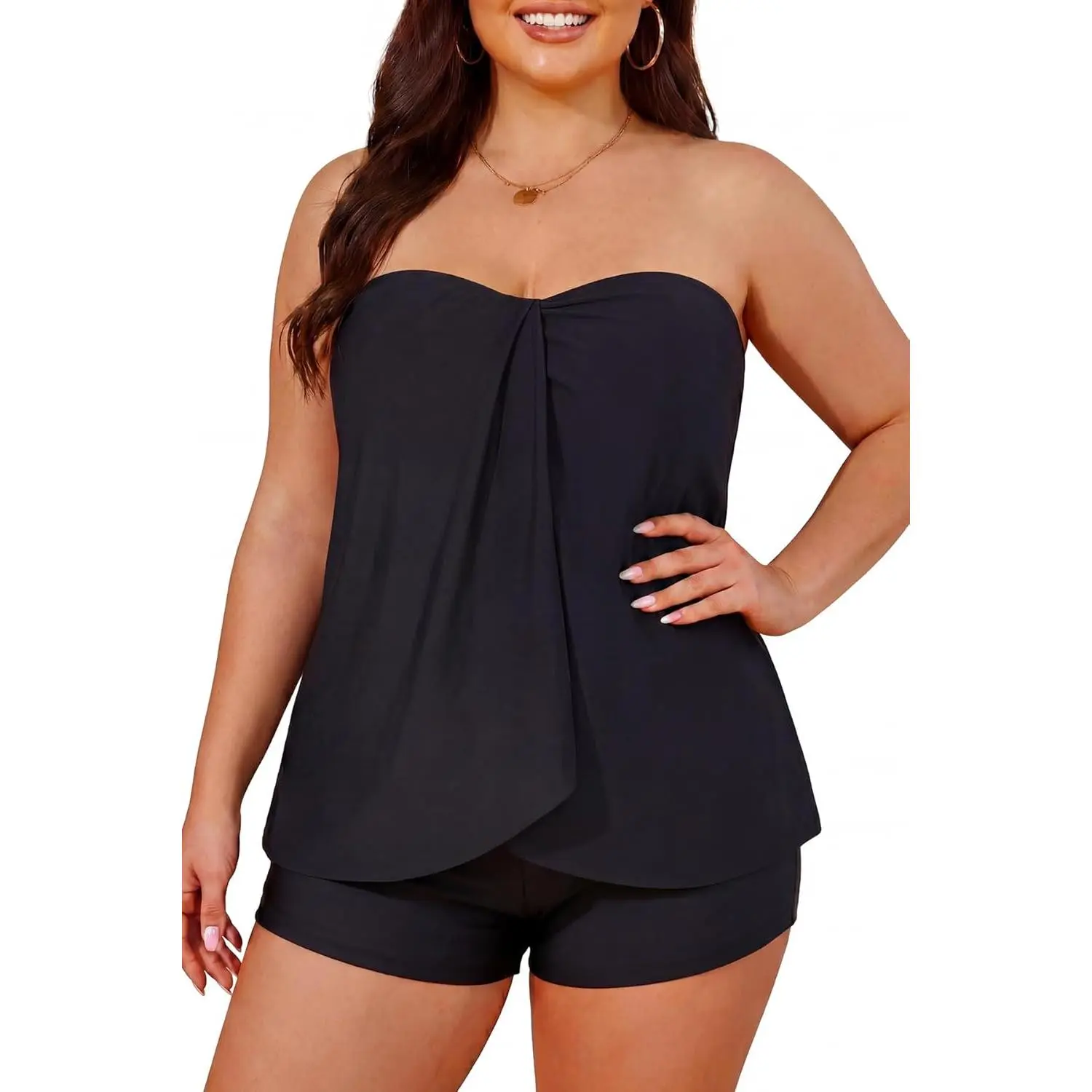 Women's Plus Size Bandeau Tankini Swimsuit - 2-Piece Flyaway Swimwear with Shorts, Tummy Control, Adjustable Straps, Resort Wear, Tankini Swim Set, 2-Piece Women's Tankinis Set, Swimming Beach Wear, Draped Front, Tankini Cute