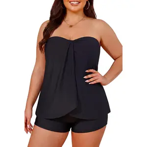 Plus Size Bandeau Tankini Swimsuit for Women 2 Piece Halter Swim Top with Shorts Tummy Control Bathing Suits