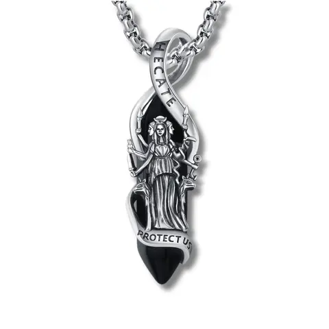DRINSPER Handcrafted 925 Sterling Silver Hecate Goddess Religious Pendant Necklace - Hypoallergenic Gothic Non-Natural Crystal Jewelry with Obsidian Center, Women's Goddess Energy Daily Wear, Includes Chain