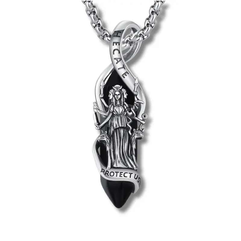 DRINSPER Handcrafted 925 Sterling Silver Hecate Goddess Religious Pendant Necklace - Hypoallergenic Gothic Non-Natural Crystal Jewelry with Obsidian Center, Women's Goddess Energy Daily Wear, Includes Chain