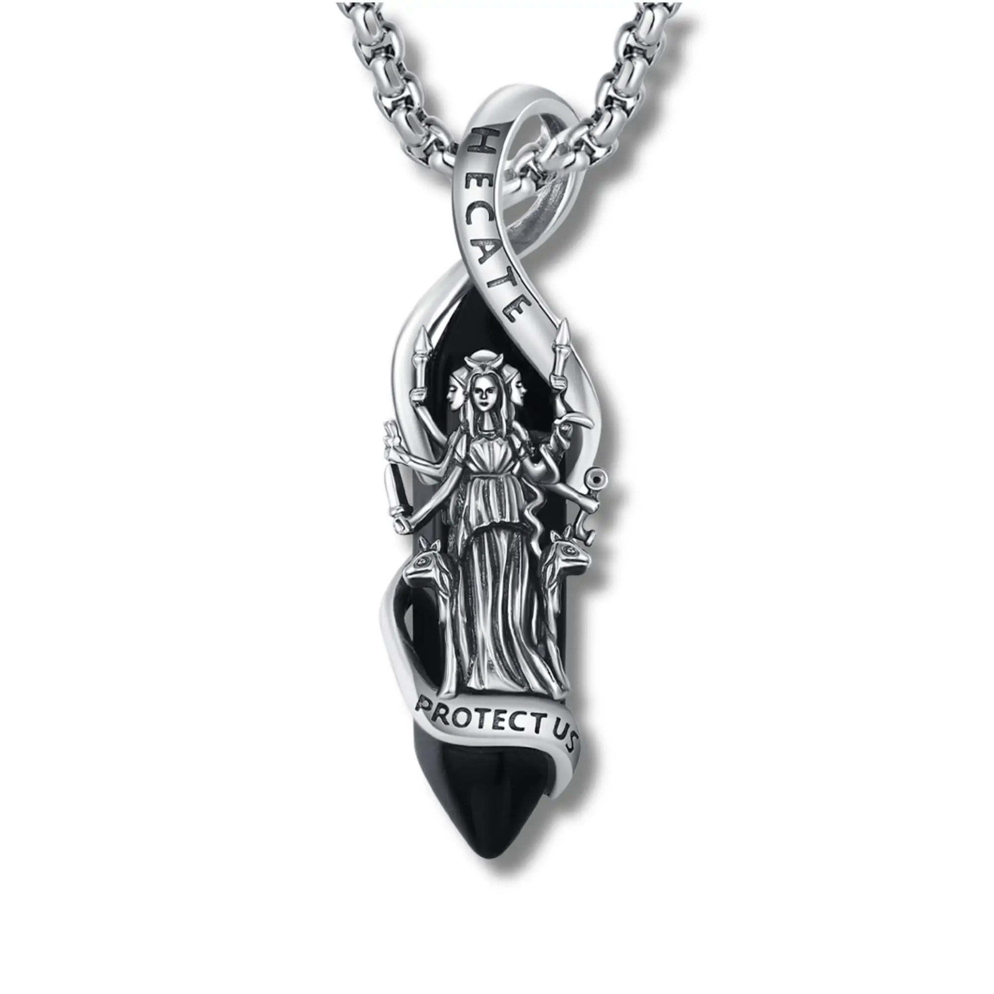 DRINSPER Obsidian S925 Hecate Necklace, The Goddess of Magic Night and Witchcraft, Devotion Jewelry, 925 Sterling Silver Pendant with Obsidian Gemston