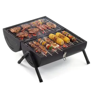 Stainless Steel Portable 2-in-1 Double-Sided Charcoal Grill, Small Tabletop Wood Portable Bbqs with Food Tray & Rack for Outdoor Camping, Home Patio, Heavy-Duty Multi-Use Easy Assembly Kitchen Grill