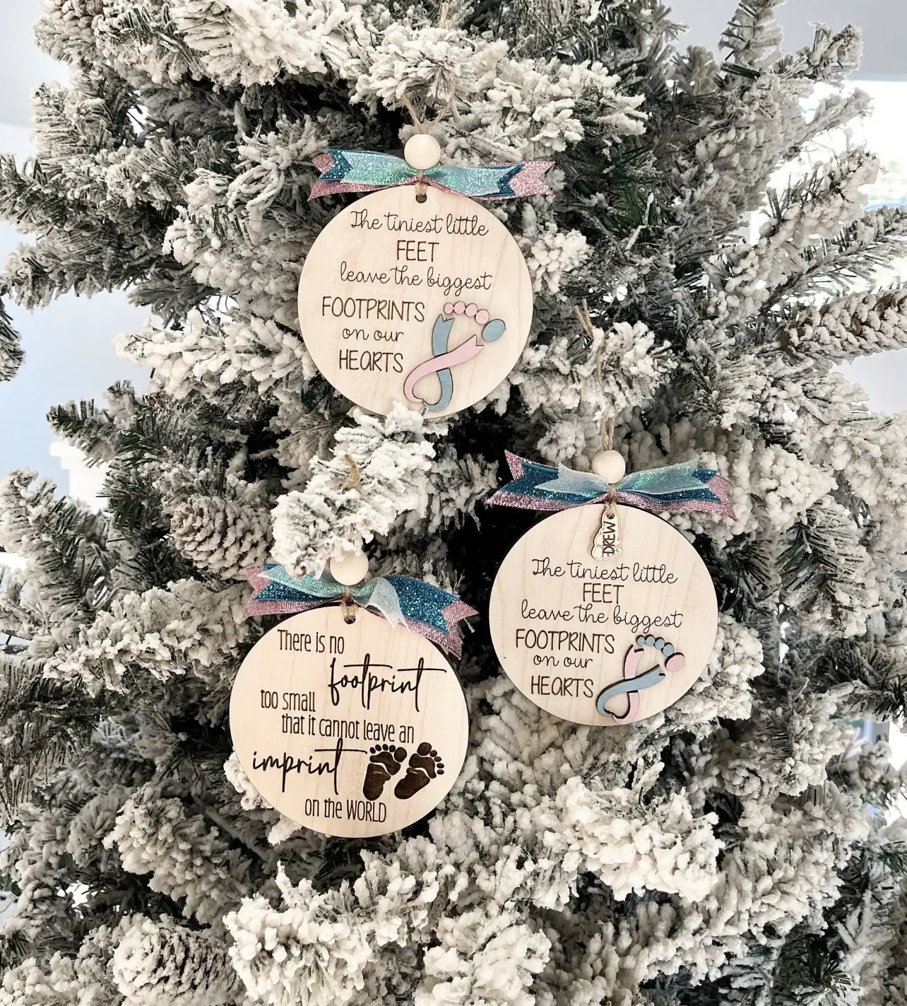 Miscarriage Stillbirth Baby Memorial Footprints Memorial Wooden Christmas Ornament Keepsake