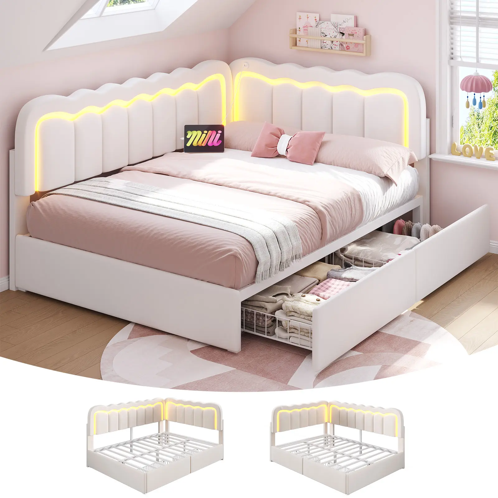 Hasuit Twin/Full Corner Bed Frame with Storage Drawers, LED Light, Power Outlets Velvet Upholstered Princess Bed with Adjuatable Wavy Headboard and Guardrails, Full Daybed