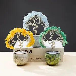 Crystal Tree Natural Crystal Stone Base Money Tree Copper Wire Crystal Home Bedroom Desk Ornament Artificial Tree Gemstone Decoration Spiritual Gift