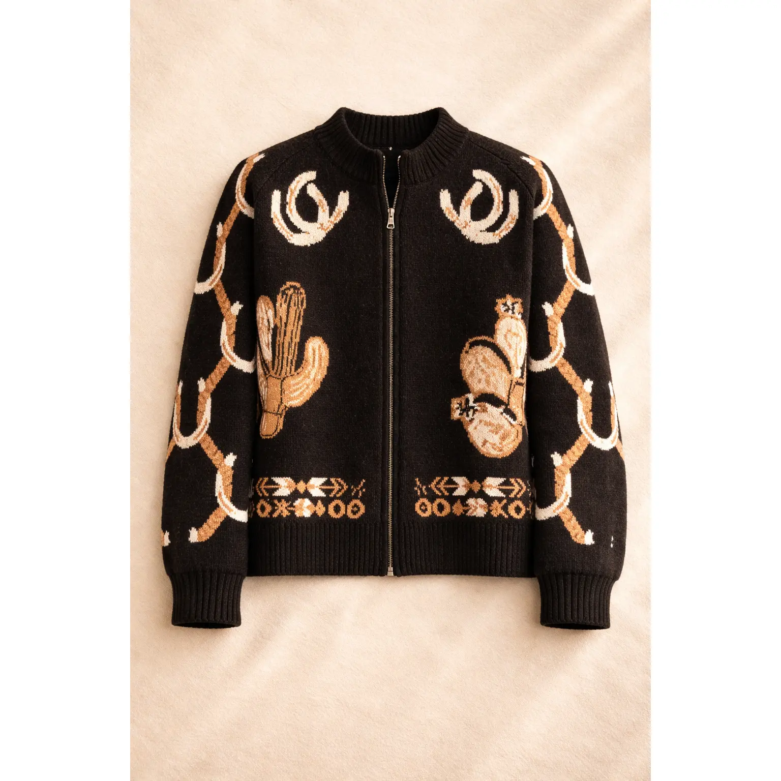 Women's Chic Cactus Graphic Knit Jacket - Soft Black Midweight Stretch Acrylic Blend, Horseshoe Design, Front Zip, Functional Pockets, Western Cowgirl Stitching, Longsleeve, Machine Washable, Basics Clothes, Final Sale, Norm Style, Jackets, Essential, Cas