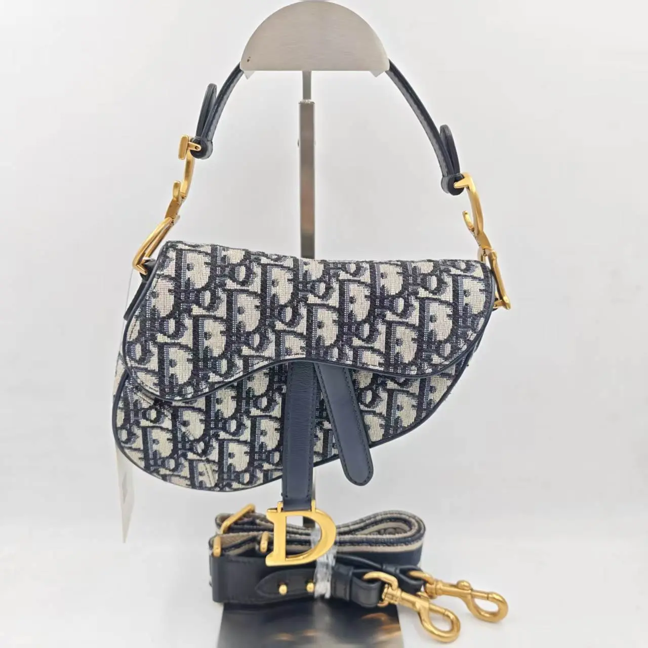 Pre-owned Dior leather Crossbody Bags pre owend Saddle Bag with Strap Blue Oblique Jacquard
