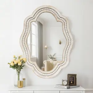 Decorative Bathroom Mirror with Elegant Scalloped Design Stylish Wall Mirror White Trim Beaded Accent Vintage Mirror for Bathroom Entryway or Bedroom Metal