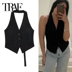 TRAF 2024 Black Sleeveless Vest Women Off Shoulder Cropped Vest Woman Fashion Backless V Neck Short Coats Summer Waistcoat