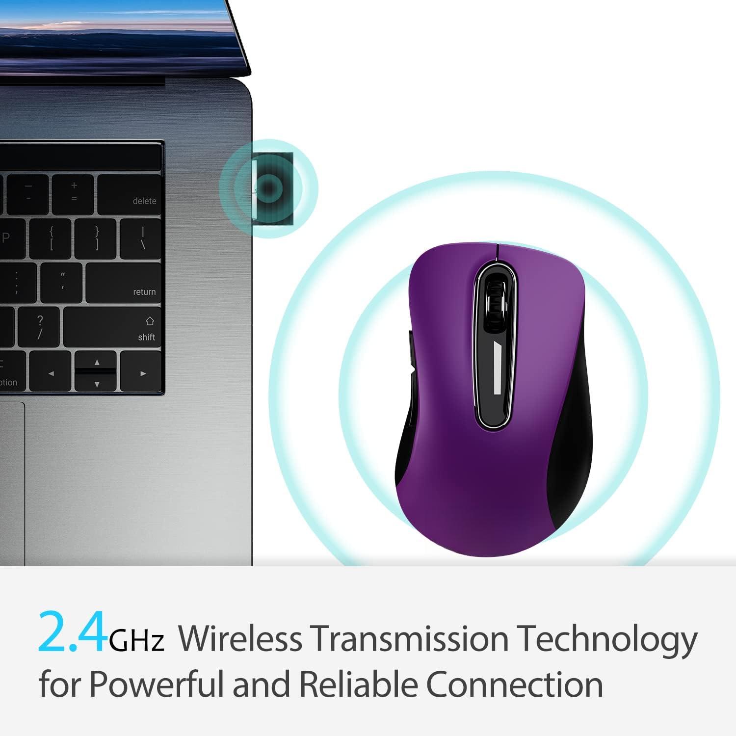 2.4G  Mouse, 1400 DPI Computer Mouse with USB Receiver, Portable  USB Mouse   Cordless Mouse for Laptop, PC, Desktop, 5 Buttons, Purple