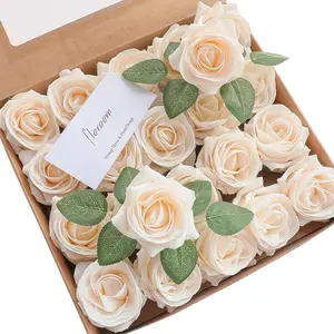 Artificial Flowers 20pcs Real Looking High-Centered Foam Fake Roses with Stem for DIY Wedding Bouquets Bridal Shower Centerpieces Floral Arrangements Party Tables Home Decorations