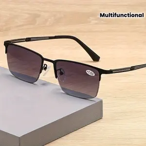 Gradient Gray Multifunctional Ultra Light Luxury Business Reading Glasses, Fashion Color Changing Far Sight Eyewear Anti Blue Light Reading Glasses for Men