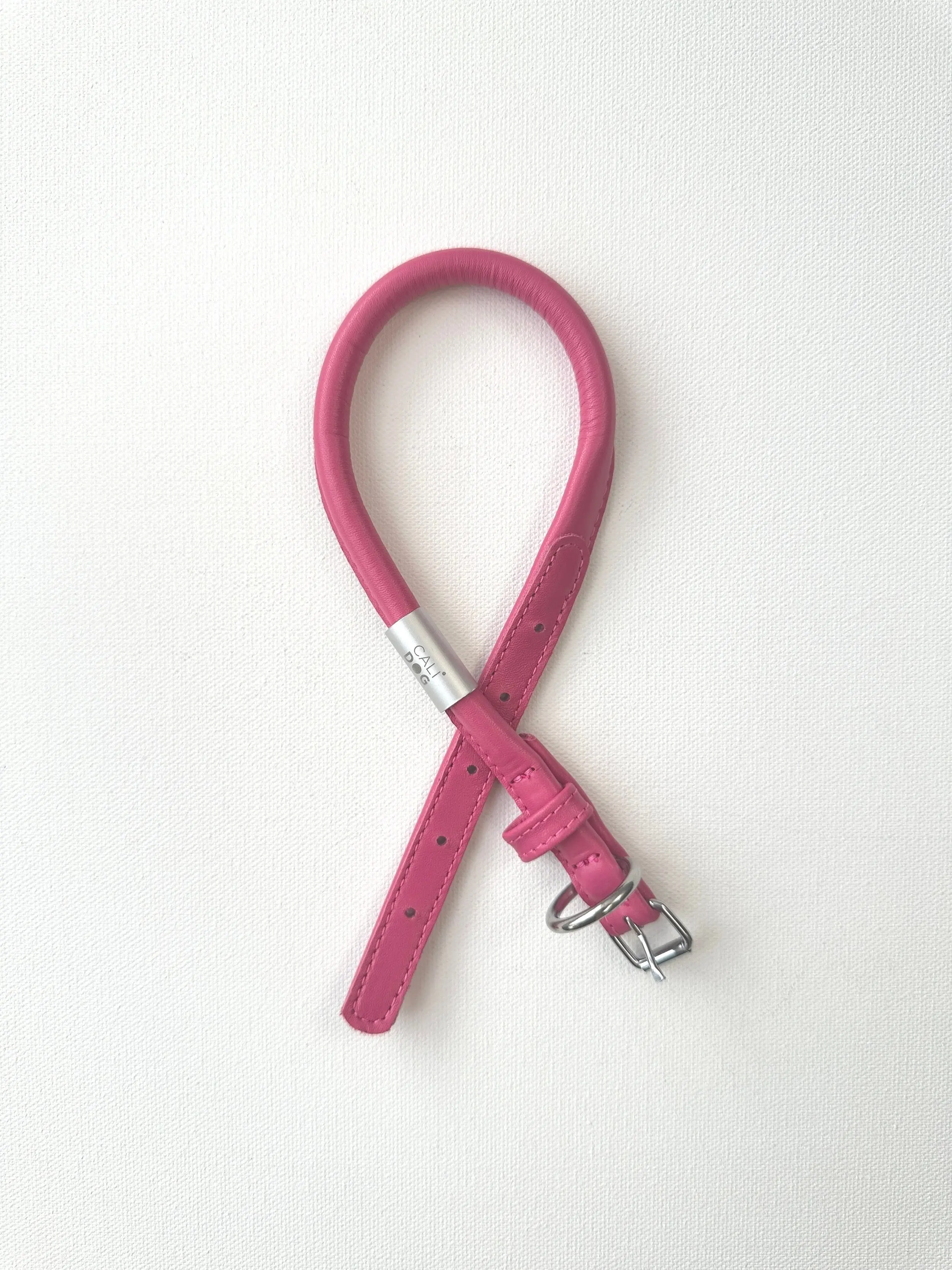 CALIDOG Pink Rolled Leather Dog Collar - Soft Genuine Leather, Stainless Steel Hardware