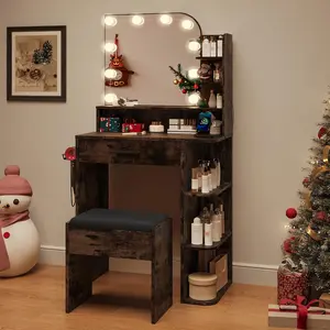 wanan Makeup Vanity with Chair, Small Vanity Desk with Mirror and Lights 3 Colors, Girls Vanity Set with Power Outlet, Compact Vanity Table for Small Space, Vintage Brown