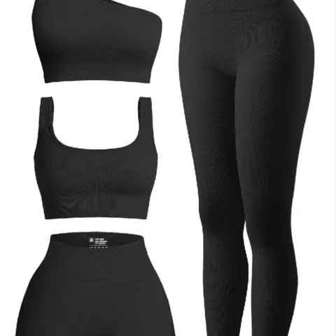 Women's Solid Tracksuit Set, Sporty One Shoulder Crop Top & High Waist Leggings & Crop Tank Top & Skinny Shorts Set, Back-to-school Clothing, Designer Sweatsuits, Gym Sets, Fall Gym Clothes, Jogging Suit Set, Tracksuit Set, Tracksuit for Women