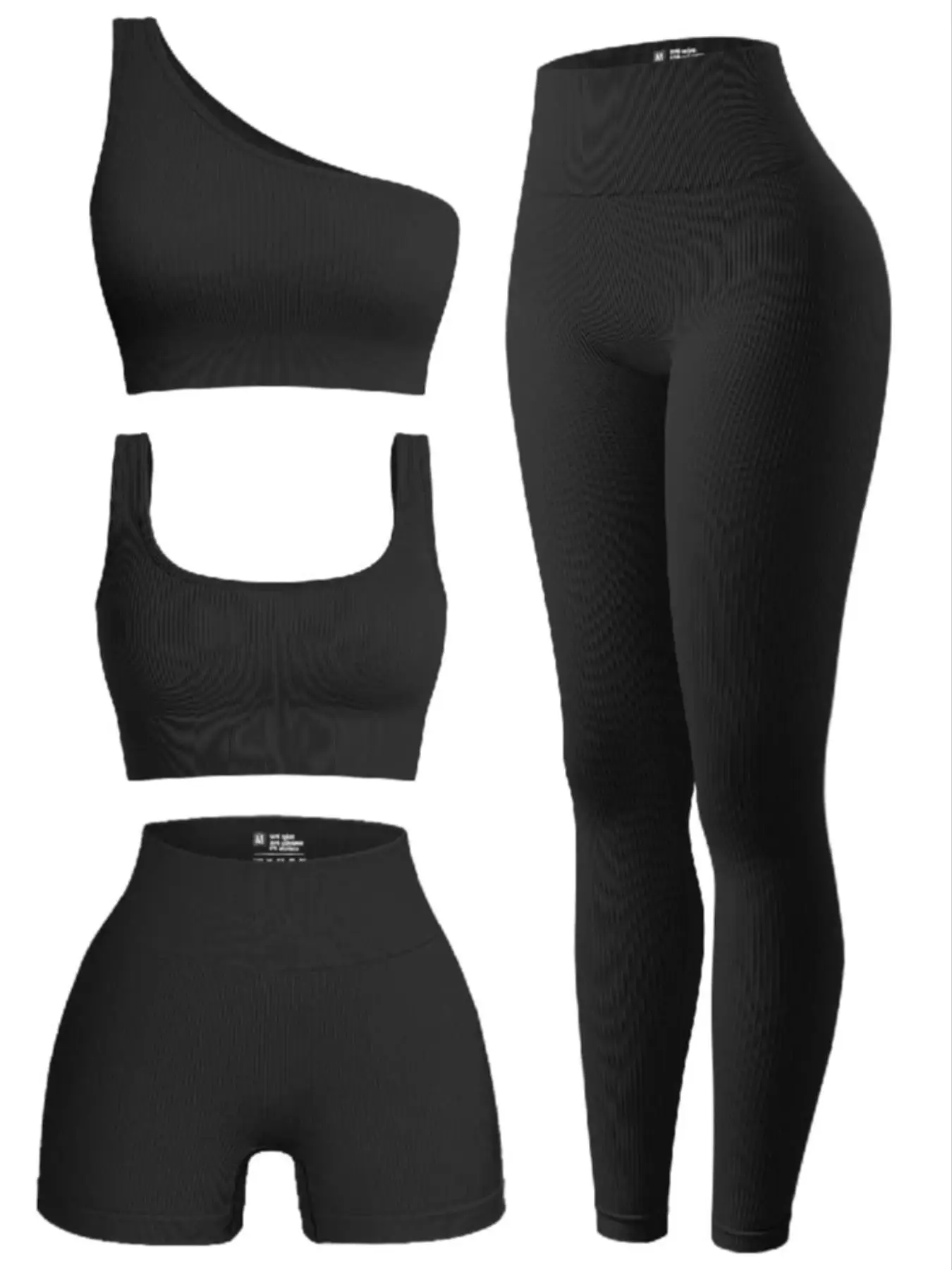 Women's Solid Tracksuit Set, Sporty One Shoulder Crop Top & High Waist Leggings & Crop Tank Top & Skinny Shorts Set, Back-to-school Clothing, Designer