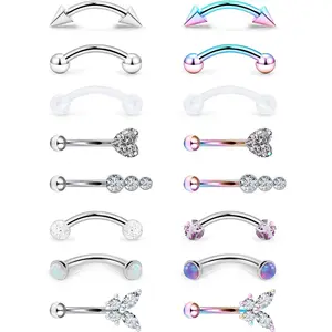 16g 8mm Silver/Black/Rainbow Eyebrow Piercing Jewelry Rings Curved Barbell Vertical Labret Lip Surgical Steel Small Belly Button Snake Eyes Tongue Rook Earrings for Women Men