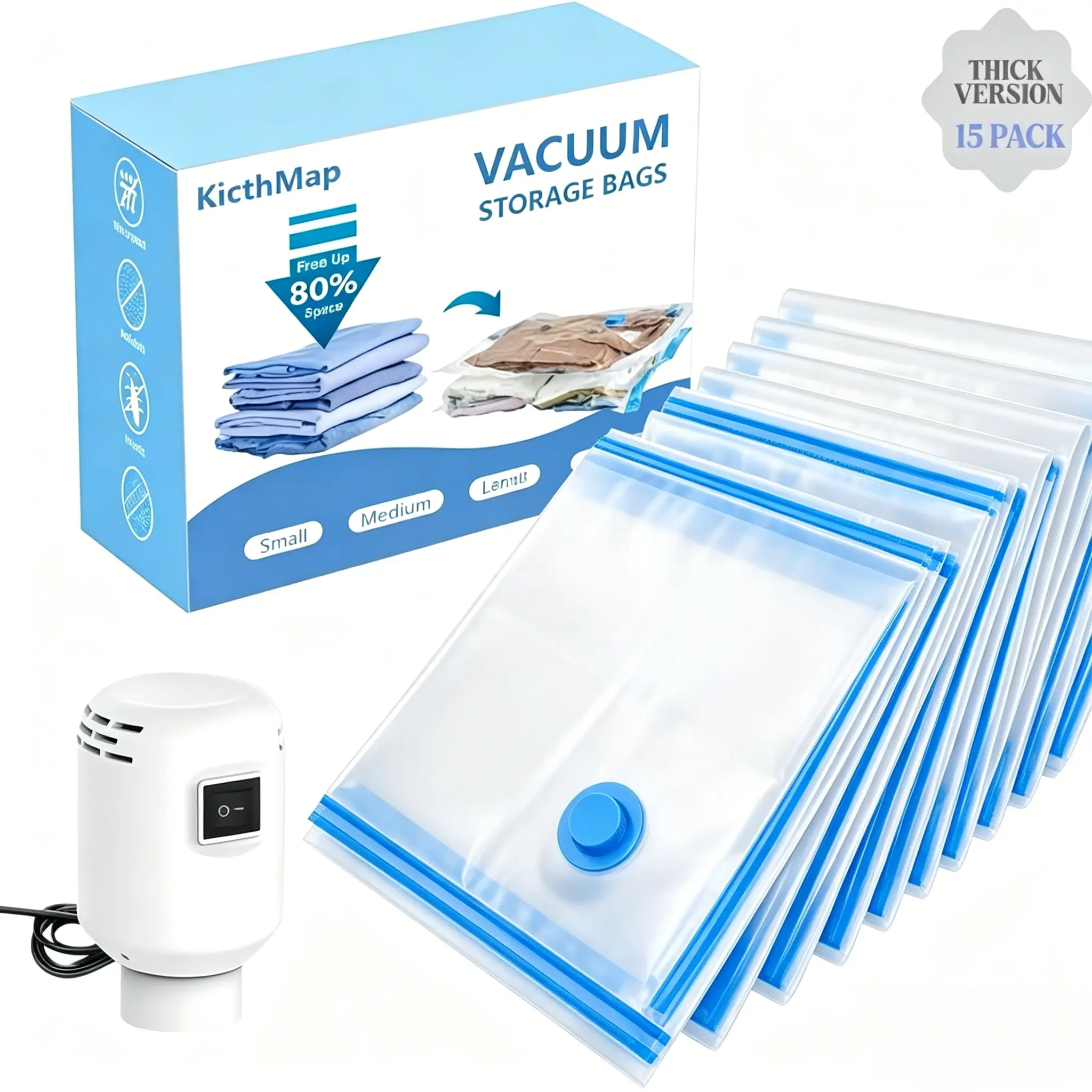 [2026 Upgraded] X7 Travel Vacuum Storage Compression Bag Set with air Pump 15 Pack Waterproof &Reusable Compression Packing Bags for 3Size, 140L/Min Powerful Air Removal,Perfect for Carry-On Suitcases Mother’s Day Gift Idea, Vacuum Sealer Bags, Space Savi