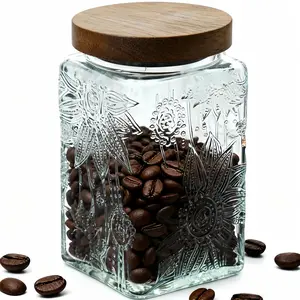 MIUVA Sunflower Glass Storage Jar Set - Airtight Wooden Lid, Transparent Vintage Embossed Design, Ideal for Coffee, Tea, Sugar, Cookies, and More, Thanksgiving tableware Value Pack Valentine's Day gift Christmas Gift Set Stock Up Coffee Sets