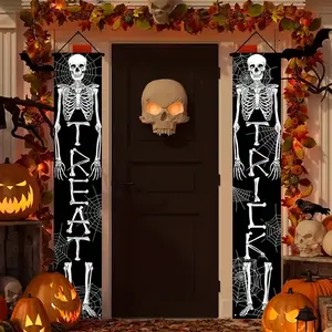 Spooky Skeleton Halloween Door Banner Set, Trick-Or-Treat Porch Decor with Spider Web Design, Polyester for Indoor & Outdoor Use
