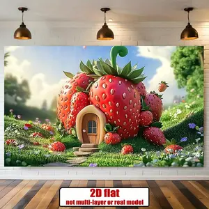 2D Flat, Party Banner 1pc, 2D Flat Lovely Strawberry Cottage Background Decoration Background Photo Props, Polyester Banner , Home Room , Wall Decor, Party Background Decor, Part