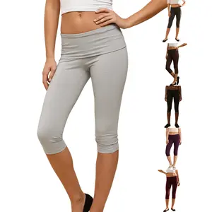 Women’s Low Rise Capri Pants Fold Over Waistband Solid ColorFit Cropped Pants Trousers Stretchy Bottom Style Womenswear