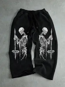 Men's Loose Death Metal Skull Sweatpants, Dual-Sided Trident Skull Print, High-Quality Soft Breathable, Elastic Waist Drawstring Straight Leg Pants