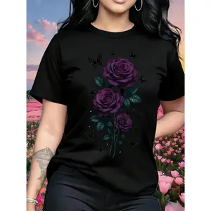 Unique Romantic Rose Pattern Women's Fashion Casual T-Shirt, Short Sleeve Round Neck Top, Valentine's Day Gift, Travel Vacation, Party, Sweet and Elegant, Girlfriend Gift, Mother's Gift（1）