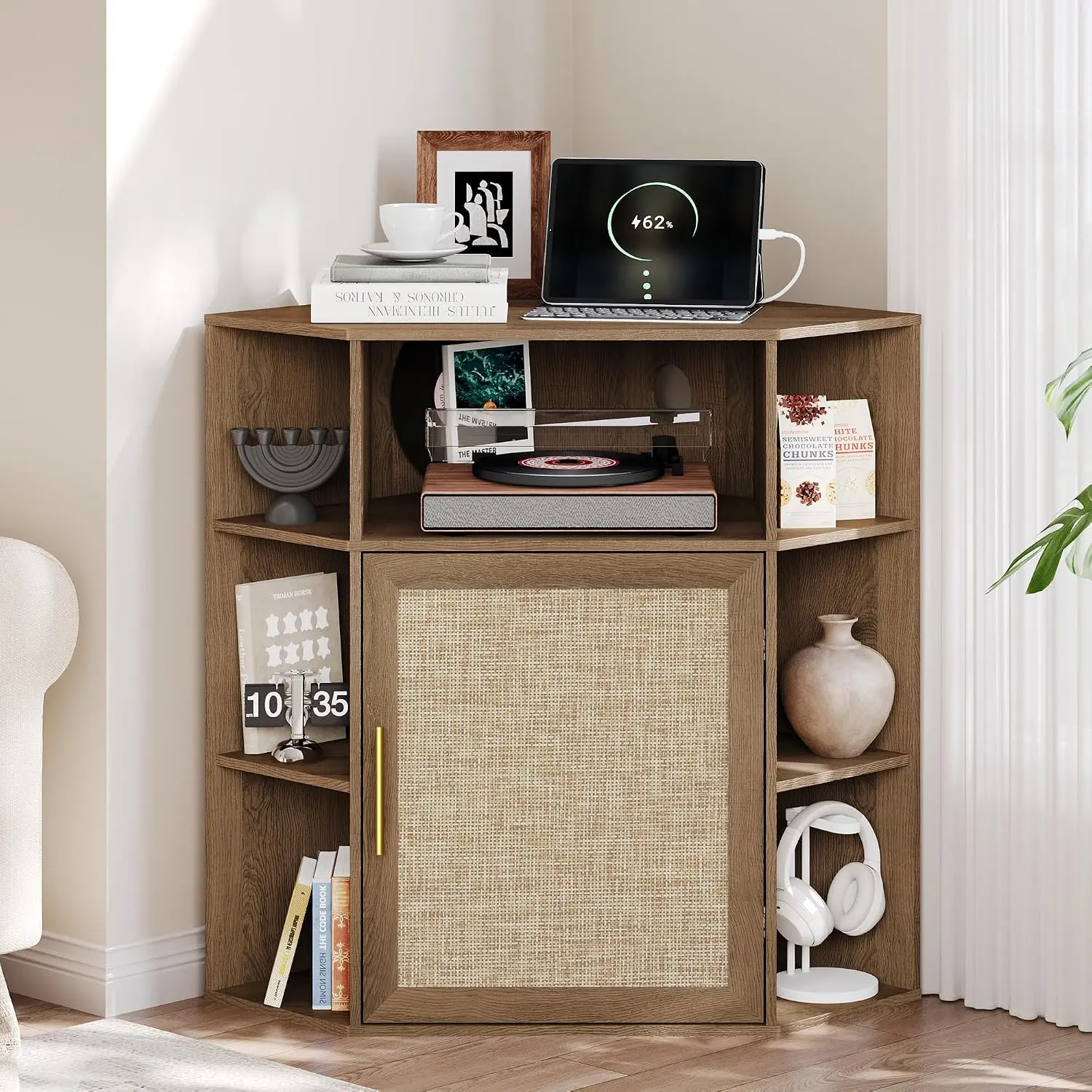 PieDle Rattan Corner Storage Cabinet with Charging Station & Cubbies | Modern Floor Corner Shelf with Door,Adjustable Shelf, 6-Cubby Wooden Storage Organizer for Small Space, Living Room, Kitchen