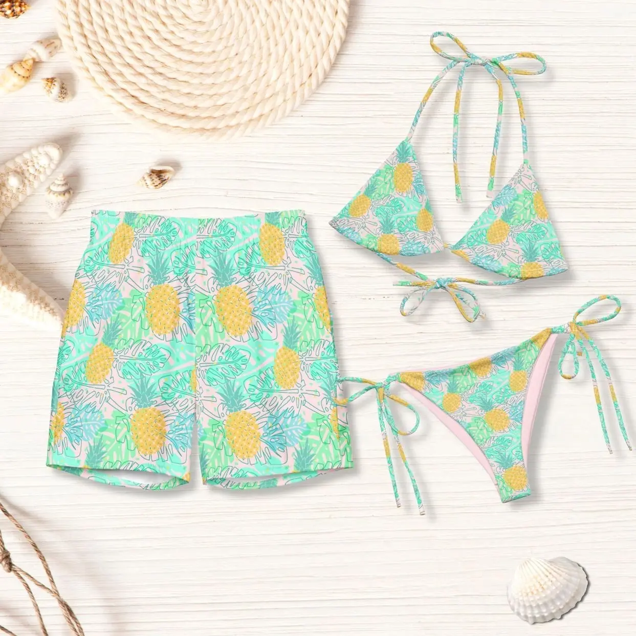 Couple Matching Outfit His and Hers Pineapple Swimsuits - Adjustable Straps, Elastic Waist, Quick-Dry Soft Polyester Tropical Bathing Suits for Honeymoon, Tropical Print