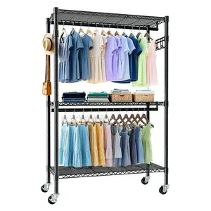 Rolling Clothes Rack, Heavy Duty Clothes Rack with Wheels, 3 Tiers Adjustable Wire Shelving Clothes Rack with 2 Clothes Rails and Side Hooks, Freestanding Portable Closet Organizer, Black Hanging Baking Installation Steel