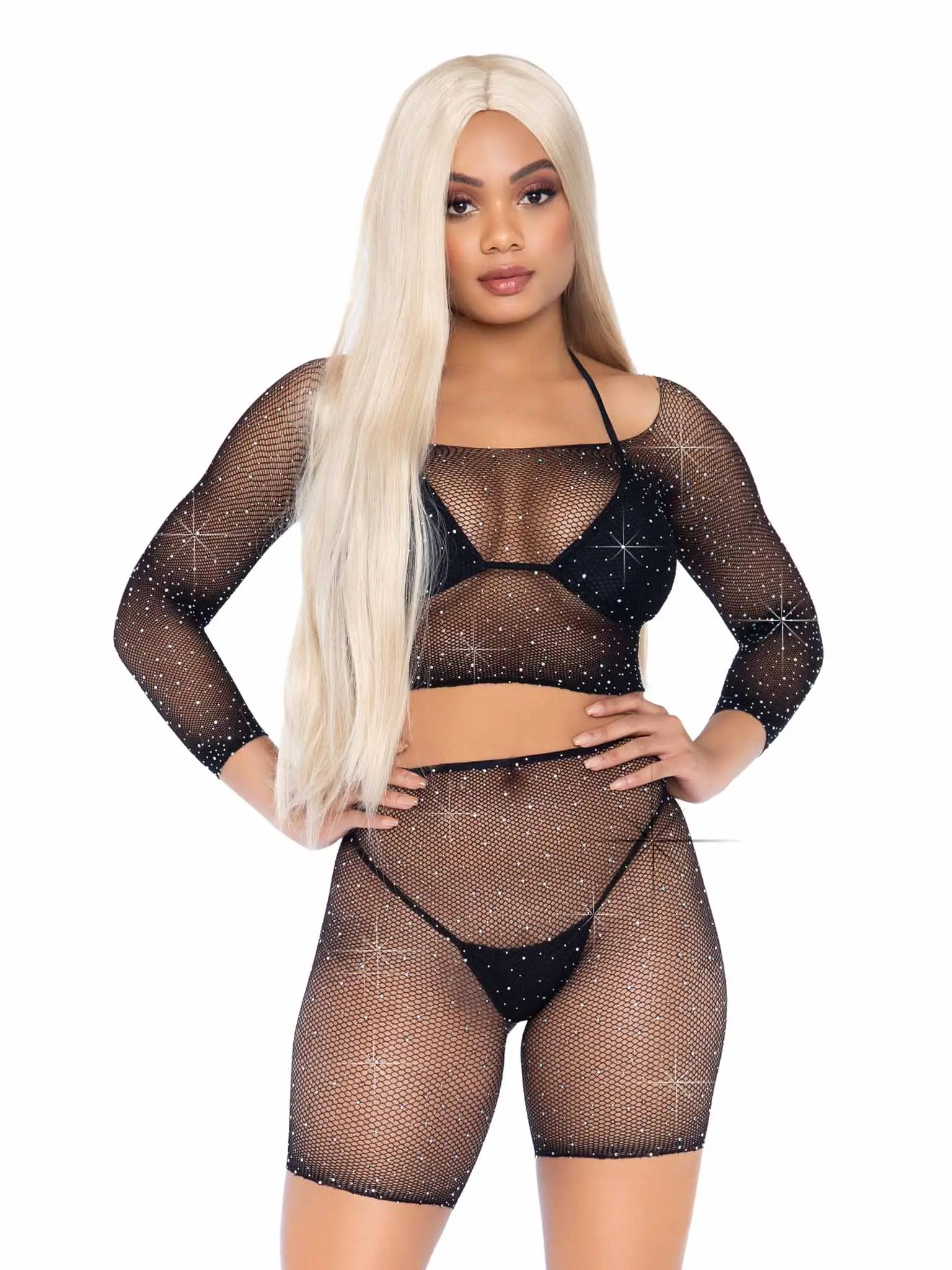 Women's 2-Piece Cute Matching Lingerie Set - Breathable Long Sleeve Fishnet Cropped Top & Bike Shorts, Soft Fabric for Festival Wear, Sleeved, Sexy, Scoop Neck, See Through, Clothes, Swimsuit, Hand Wash Only, Cold Hand Wash, Mesh