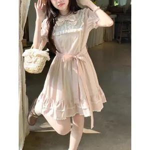 Summer Sweet Pink Puff Sleeve Bow Dress Women's Design Casual New Patchwork Dresses Elegant New Fashion A-line Short Dresses