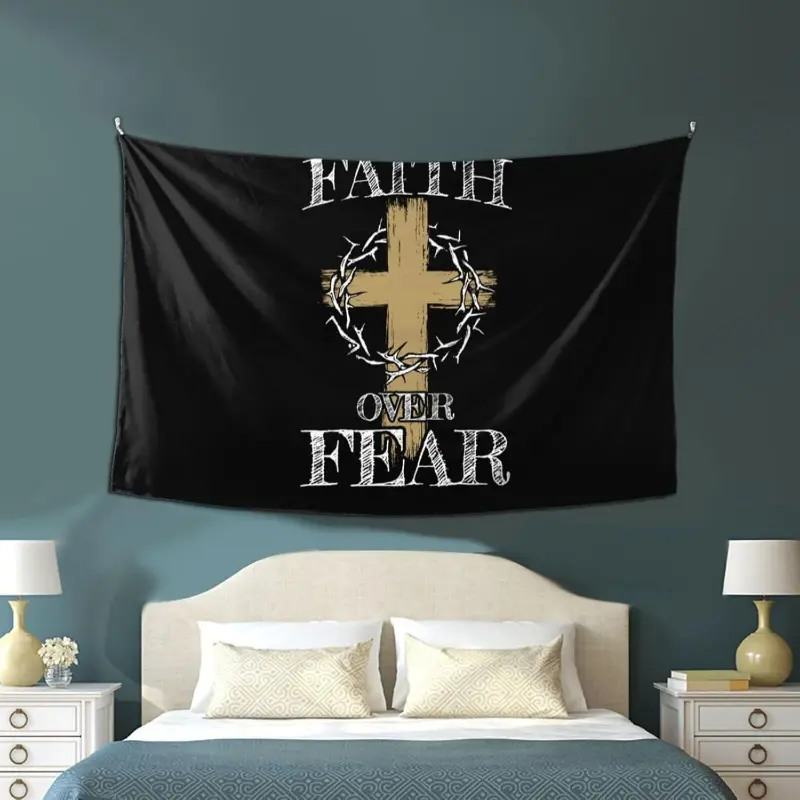 1pc Christian Faith Over Fear Polyester Wall Art Tapestry - Golden Cross with Barbed Wire Design, Size-Inclusive Inspirational Religious Black Fabric Indoor Wall Hanging for Bedroom, Living Room