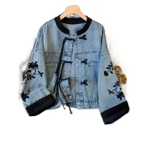 Women's Spring Autumn Chinese Knot Denim Jacket Loose Fit Embroidery Retro Trendy Top Casual Outerwear Bright Steel Blue Polyester
