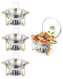 4 Pack 5QT Chafing Dishes Buffet Set, Stainless Steel Round Chafing Dish for Buffet with Lid Holder & Visible Glass Lid, Food Warmer with Food & Water Pans for Party Catering Wedding, Gold