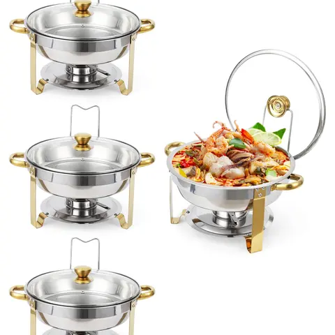 Gaomon 4-Pack 5QT Round Rust-Resist Stainless Steel Chafing Dishes Buffet Set - Gold Efficient Food Warming System with Lid Holder, Visible Glass Lid, Food & Water Pans for Home Gatherings, Weddings, Serves Main Dishes, Sides, Desserts