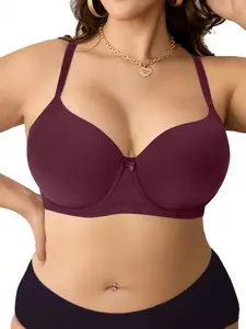 Plus Size Comfy Medium-Stretch Purple Bra for Women – Lift Support, Back Detail & Bow Accent
